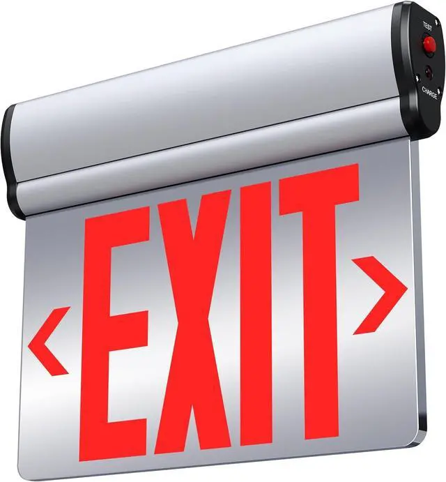 Main image of Led Edge-Lit Exit Sign ,Brushed Aluminum Housing Double-Sided Mirrored Rotating Acrylic Panel,Hardwired Emergency Exit Signs with Battery Backup, 120V-347VAC,Red Led Emergency Exit Light for Business