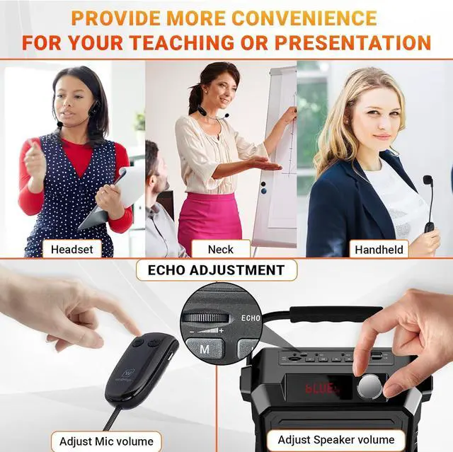 Alt view image 4 of 7 - Voice Amplifier for Teachers - Wireless Microphone Headset & Speaker 30W Bluetooth 5.0 Portable Pa System with Echo,FM,Megaphone Speaker Supports USB/TF Card/Aux for Classroom,Speaking,Singing