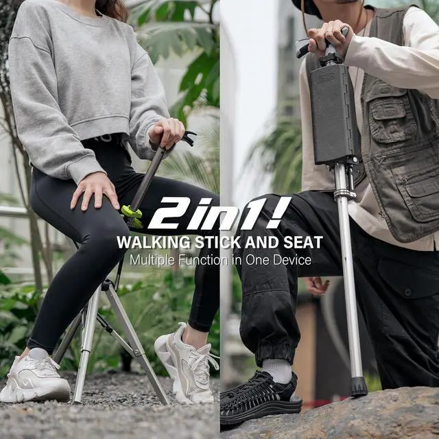 Alt view image 2 of 7 - Ta-Da Chair, Portable Trekking Hiking Pole, Folding Walking Stick with Seat, Walking Cane with Chair, Foldable Chair, Lightweight Aluminum, Easy Carry and Storage, Anti-Slip