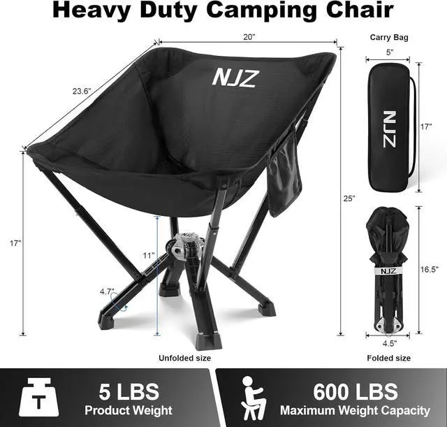 Alt view image 3 of 7 - Compact Camping Chair, Portable Comfortable Camping Chair for Adults - 600 LBS Capacity Sturdy Camping Folding Chair with Quick Setup & Carry Bag Compact Camp Chair (Black)