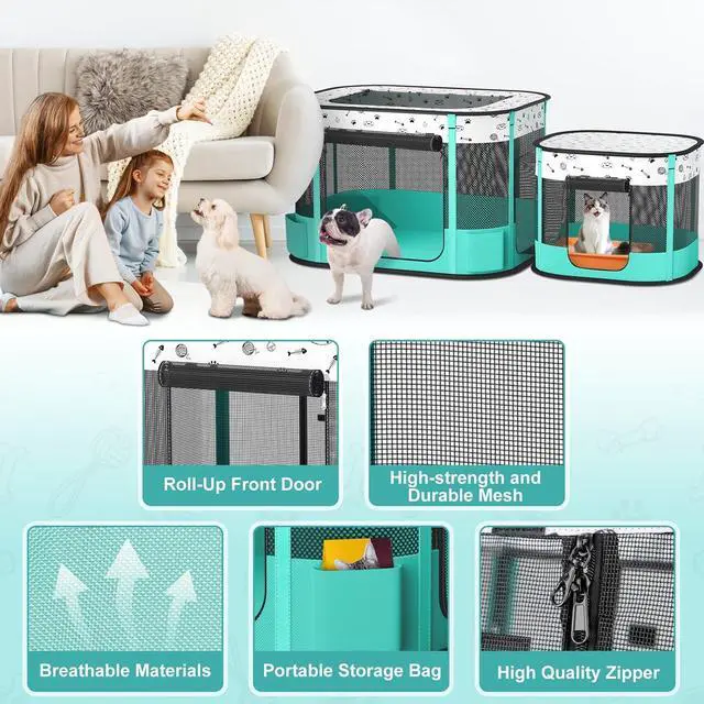 Alt view image 5 of 7 - Portable Cat Playpen, Foldable Pet Dog Playpen, for Kitten Puppy Play Pen Indoor/Outdoor, Cats Enclosure Cages Tent with Carrying Case, 600D Oxford 8-Rods, 32"x24"x22"