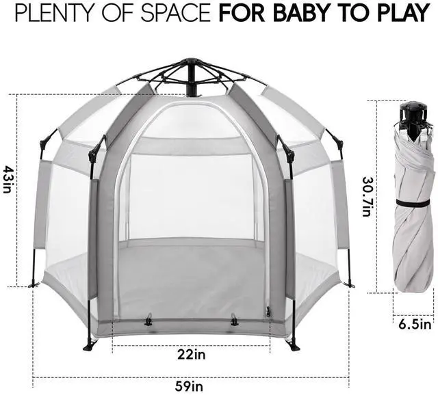 Alt view image 4 of 7 - Pop Up Baby Playpen with UPF50+ Canopy & Mat, Indoor & Outdoor Foldable Play Pen for Babies and Toddlers, Portable Baby Beach Tent with Travel Bag, Pop Up Pack and Play Yard, Grey