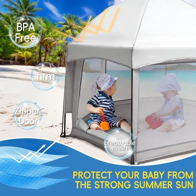 Alt view image 3 of 7 - Pop Up Baby Playpen with UPF50+ Canopy & Mat, Indoor & Outdoor Foldable Play Pen for Babies and Toddlers, Portable Baby Beach Tent with Travel Bag, Pop Up Pack and Play Yard, Grey