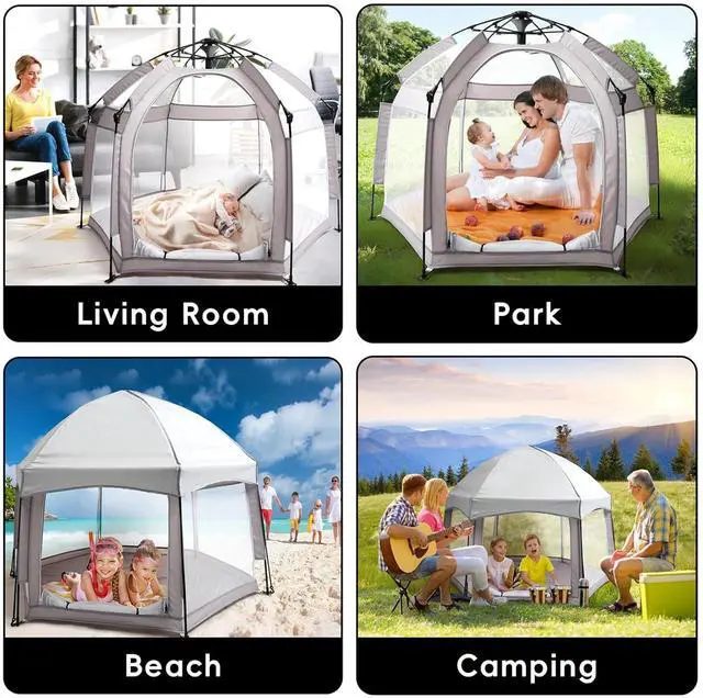 Alt view image 7 of 7 - Pop Up Baby Playpen with UPF50+ Canopy & Mat, Indoor & Outdoor Foldable Play Pen for Babies and Toddlers, Portable Baby Beach Tent with Travel Bag, Pop Up Pack and Play Yard, Grey