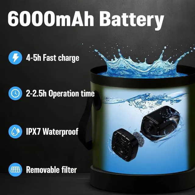 Alt view image 4 of 7 - Portable Shower for Camping, 6000mAh Rechargeable Camp Shower Pump with Immersion Water Heater, 6.6 Gal Foldable Bucket, 4 Spray Modes, Outdoor Camping Shower Kit for Travel, Pet Bath, Car Washing