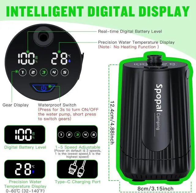 Alt view image 4 of 7 - Portable Camping Shower - 10000mAh Rechargeable, 5-Speed with Collapsible Bucket with Handle 20L, IPX8 Waterproof, LED Display Camp Shower Pump- Perfect for Hiking, Travel, Cars & Pets