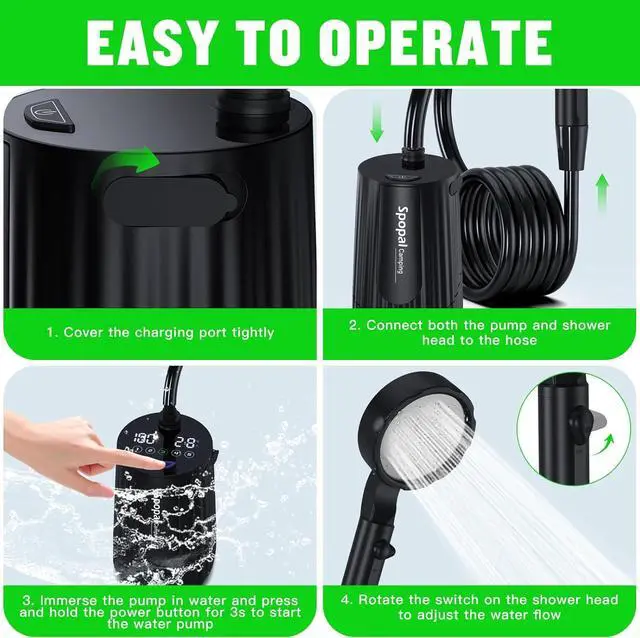 Alt view image 5 of 7 - Portable Camping Shower - 10000mAh Rechargeable, 5-Speed with Collapsible Bucket with Handle 20L, IPX8 Waterproof, LED Display Camp Shower Pump- Perfect for Hiking, Travel, Cars & Pets