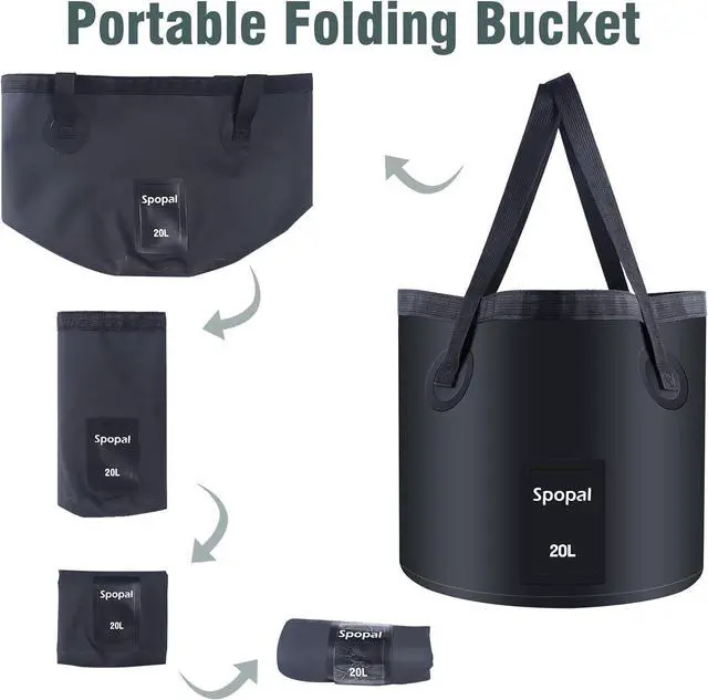Alt view image 7 of 7 - Portable Camping Shower - 10000mAh Rechargeable, 5-Speed with Collapsible Bucket with Handle 20L, IPX8 Waterproof, LED Display Camp Shower Pump- Perfect for Hiking, Travel, Cars & Pets