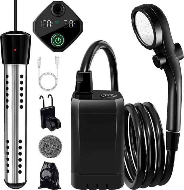 Main image of Portable Shower with Heater, 6000mAh Battery Powered Portable Shower for Camping with 2000W Auto-Off Heater, Spray Adjustable Camping Shower with Heater, Digital Power & Temperature Display for Hiking