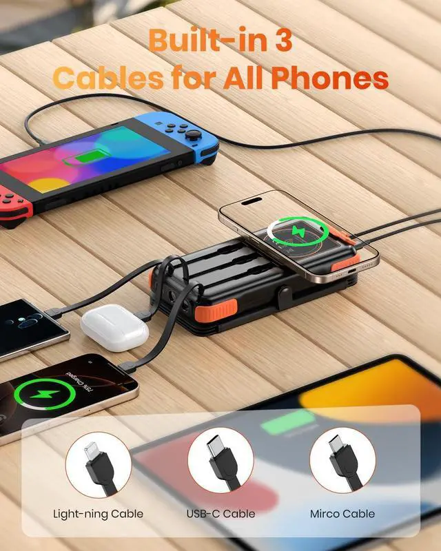 Alt view image 3 of 7 - Solar-Charger-Power-Bank-49800mAh, 20W Fast Charging Portable Charger with Built-in 3 Cables & 4 Solar Panels, USB C Solar Battery Bank with LED Flashlights for Smartphones, Tablets