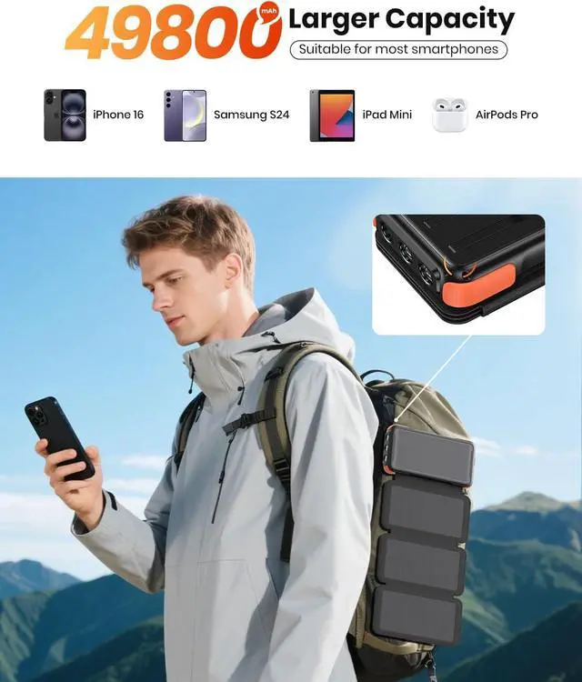 Alt view image 4 of 7 - Solar-Charger-Power-Bank-49800mAh, 20W Fast Charging Portable Charger with Built-in 3 Cables & 4 Solar Panels, USB C Solar Battery Bank with LED Flashlights for Smartphones, Tablets
