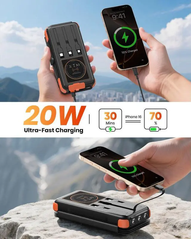 Alt view image 5 of 7 - Solar-Charger-Power-Bank-49800mAh, 20W Fast Charging Portable Charger with Built-in 3 Cables & 4 Solar Panels, USB C Solar Battery Bank with LED Flashlights for Smartphones, Tablets