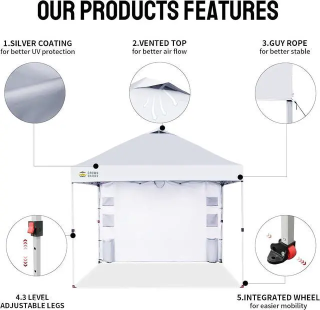 Alt view image 4 of 7 - Canopy Tent 10x10 Pop Up Canopy Outdoor Shade with Pockets Sidewall, Easy Up Sun Shelter with One Person Set Up Center Lock, Portable Instant Camping Beach Canopy Tents, White