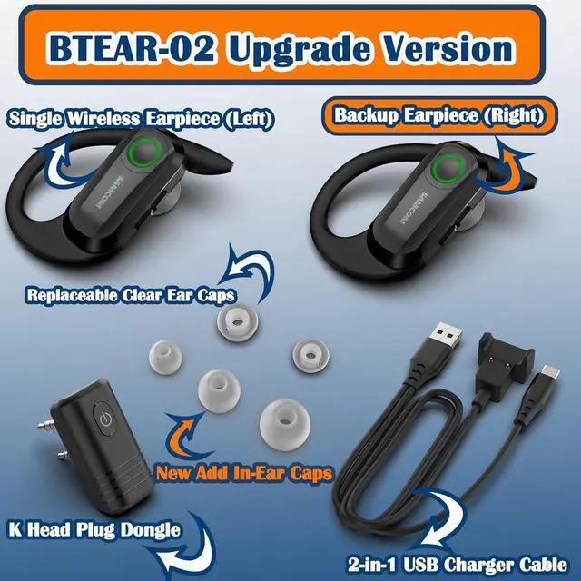 Alt view image 2 of 7 - Wireless Headset with 2 Pin Dongle for FPCN10A/FPCN30A Walkie Talkies, BTEAR-02 Upgraded Hands-Free Wireless Two Way Radios Earpiece with Mic for K Connector (Radios not Inclued)