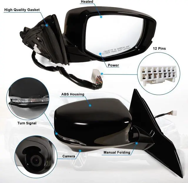 Alt view image 2 of 4 - Right Passenger side Mirror Fits 2013-2017 Honda Accord with Power Glass Heated turn signals and Camera Match Black Replace 76200T2GA42ZC (12Pins)