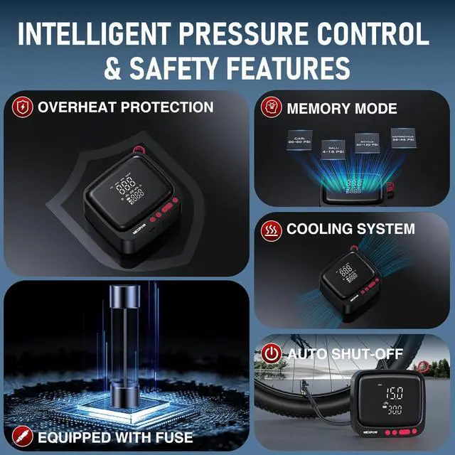 Alt view image 7 of 7 - Tire Inflator Portable Air Compressor - Air Pump for Car Tires with 12V DC Power Adapter, 180PSI Electric Tire Pump with Digital Pressure Gauge for SUV, Motorcycle, Bicycle, Basketball