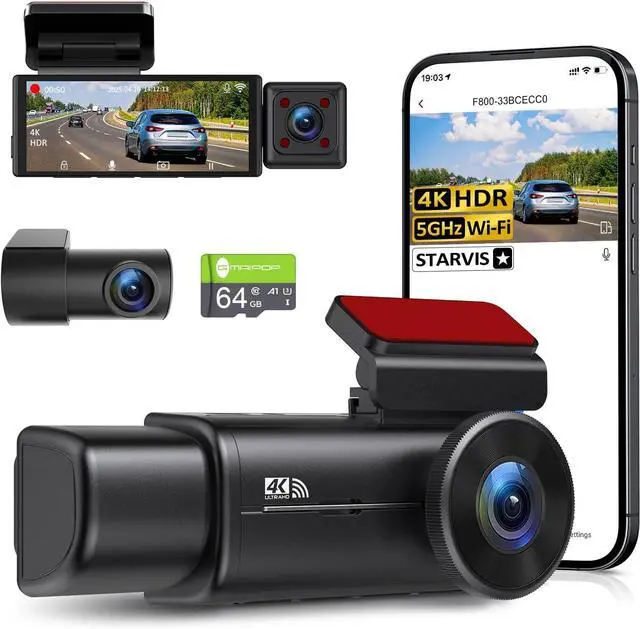 Main image of GMAIPOP 4K 3 Channel Dash Cam Front Rear Inside STARVIS Sensor,5GHz WiFi,64GB Card Included,2160P+1080P+1080P Car Dash Camera, 3.16" IPS Screen, IR Night Vision,HDR,24/7 Parking ModeBlack