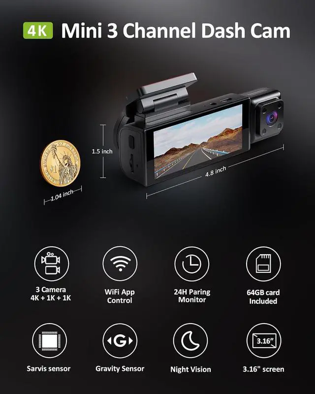 Alt view image 2 of 7 - GMAIPOP 4K 3 Channel Dash Cam Front Rear Inside STARVIS Sensor,5GHz WiFi,64GB Card Included,2160P+1080P+1080P Car Dash Camera, 3.16" IPS Screen, IR Night Vision,HDR,24/7 Parking ModeBlack