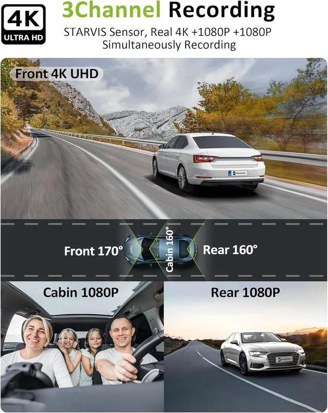 Alt view image 3 of 7 - GMAIPOP 4K 3 Channel Dash Cam Front Rear Inside STARVIS Sensor,5GHz WiFi,64GB Card Included,2160P+1080P+1080P Car Dash Camera, 3.16" IPS Screen, IR Night Vision,HDR,24/7 Parking ModeBlack