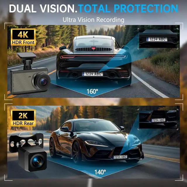 Alt view image 2 of 7 - Dash Cam Front and Rear - 4K+2K Ultra HD Dual Dash Camera with 3 IPS Screen, App Control, 64GB Card Included, Night Vision, Parking Mode, GPS, G-Sensor, 160° Wide Angle