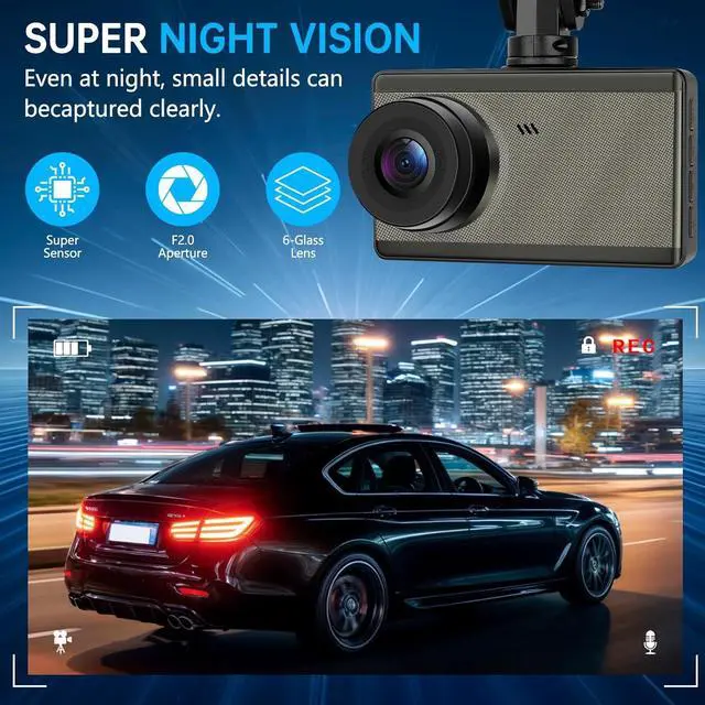 Alt view image 3 of 7 - Dash Cam Front and Rear - 4K+2K Ultra HD Dual Dash Camera with 3 IPS Screen, App Control, 64GB Card Included, Night Vision, Parking Mode, GPS, G-Sensor, 160° Wide Angle