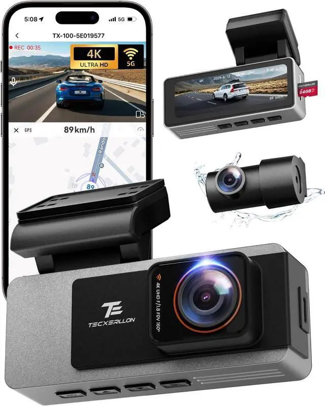Main image of TECXLERON Dash Cam Front and Rear, 4K Dual Cam, Camera for Cars with Starlight Night Vision, 160° & 150° Rear Wide Angle, GPS, WDR, G-Sensor, 24H Parking Mode, 64GB Card Included