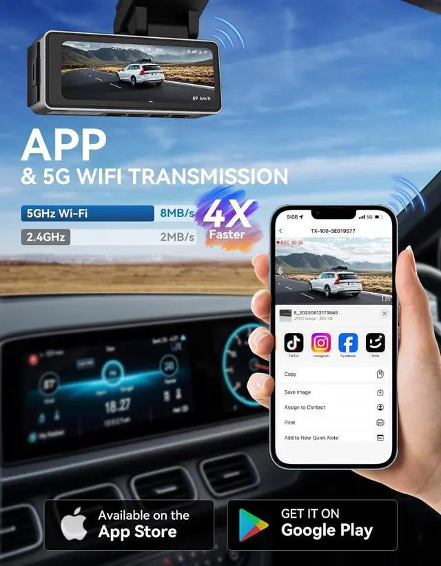 Alt view image 7 of 7 - TECXLERON Dash Cam Front and Rear, 4K Dual Cam, Camera for Cars with Starlight Night Vision, 160° & 150° Rear Wide Angle, GPS, WDR, G-Sensor, 24H Parking Mode, 64GB Card Included