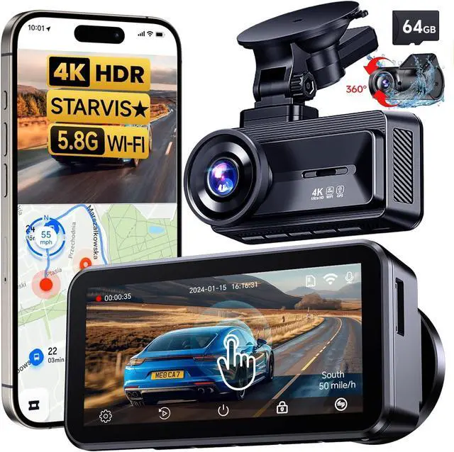 Main image of COOLCRAZY 4K Dash Cam Front and Rear with Touch Screen & STARVIS Sensor,5.8Ghz Wi-Fi,GPS,64GB Card,Night Vision Dashcam,G-Sensor,Loop Recording,App Control,24H Parking Monitor Car Camera