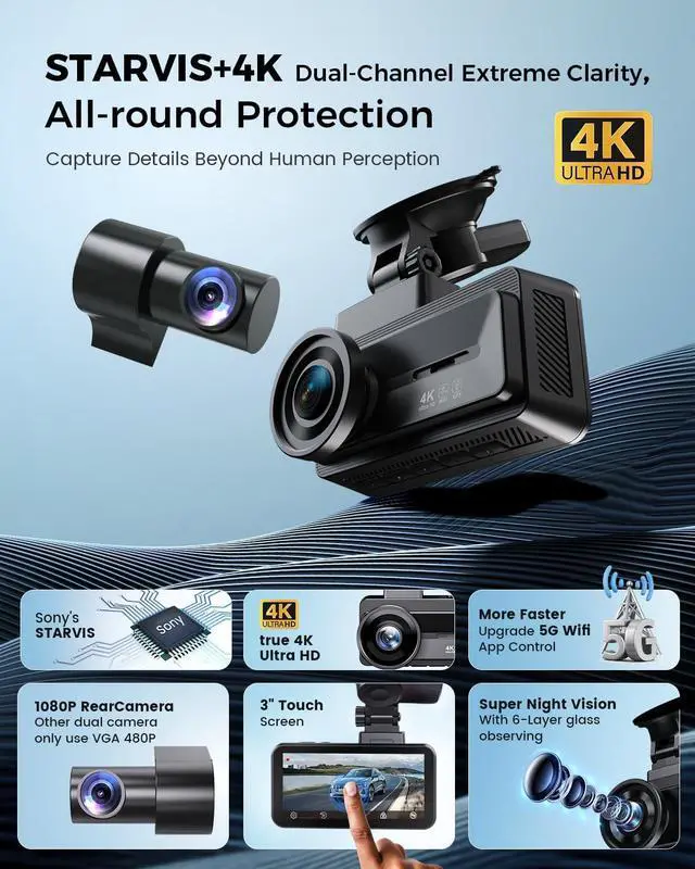 Alt view image 2 of 7 - COOLCRAZY 4K Dash Cam Front and Rear with Touch Screen & STARVIS Sensor,5.8Ghz Wi-Fi,GPS,64GB Card,Night Vision Dashcam,G-Sensor,Loop Recording,App Control,24H Parking Monitor Car Camera