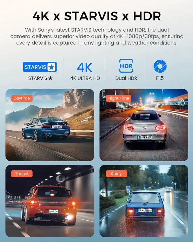 Alt view image 4 of 7 - COOLCRAZY 4K Dash Cam Front and Rear with Touch Screen & STARVIS Sensor,5.8Ghz Wi-Fi,GPS,64GB Card,Night Vision Dashcam,G-Sensor,Loop Recording,App Control,24H Parking Monitor Car Camera