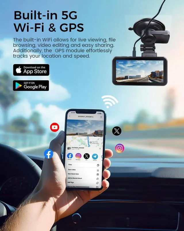 Alt view image 6 of 7 - COOLCRAZY 4K Dash Cam Front and Rear with Touch Screen & STARVIS Sensor,5.8Ghz Wi-Fi,GPS,64GB Card,Night Vision Dashcam,G-Sensor,Loop Recording,App Control,24H Parking Monitor Car Camera