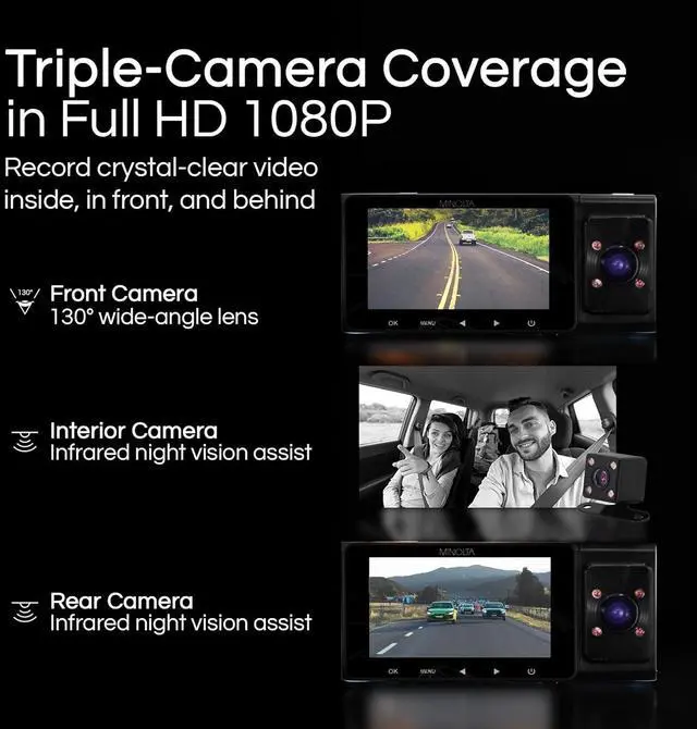 Alt view image 2 of 5 - Minolta Dash Camera  3-Channel 1080P Car DVR with Rear & Interior Cam, Night Vision, 3.0 LCD Screen, G-Sensor, Loop Recording, Parking Monitor, Motion Detection, 32GB Card (Blue)