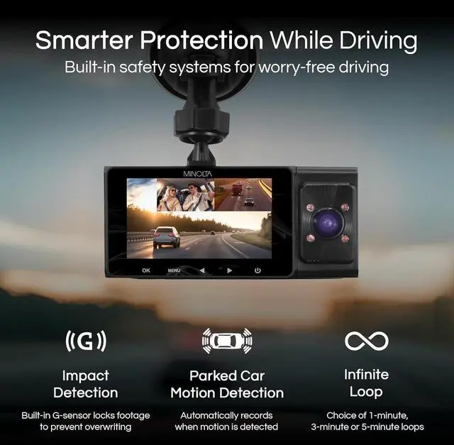 Alt view image 3 of 5 - Minolta Dash Camera  3-Channel 1080P Car DVR with Rear & Interior Cam, Night Vision, 3.0 LCD Screen, G-Sensor, Loop Recording, Parking Monitor, Motion Detection, 32GB Card (Blue)