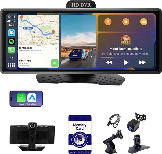Main image of 10.26 Inch Wireless CarPlay & Android Auto Car Display with 1080P Dash Cam & Backup Camera All-in-One Smart Car Stereo Free 64GB SD Card