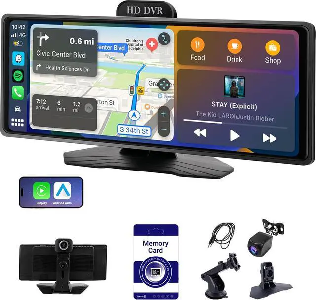 Alt view image 2 of 7 - 10.26 Inch Wireless CarPlay & Android Auto Car Display with 1080P Dash Cam & Backup Camera All-in-One Smart Car Stereo Free 64GB SD Card