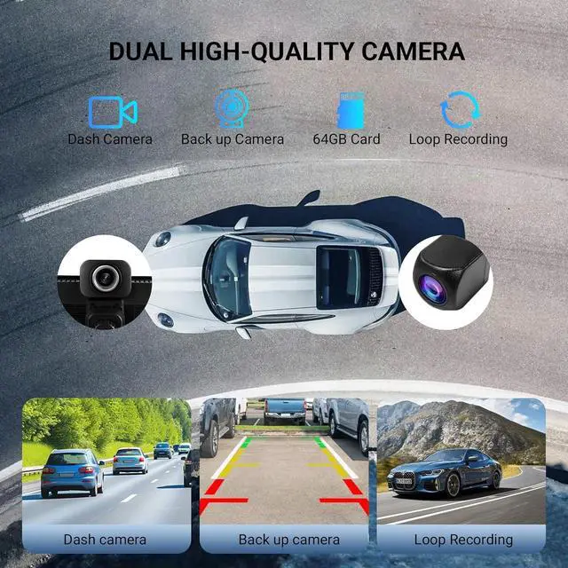 Alt view image 3 of 7 - 10.26 Inch Wireless CarPlay & Android Auto Car Display with 1080P Dash Cam & Backup Camera All-in-One Smart Car Stereo Free 64GB SD Card