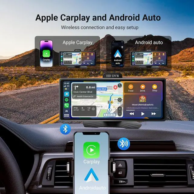 Alt view image 5 of 7 - 10.26 Inch Wireless CarPlay & Android Auto Car Display with 1080P Dash Cam & Backup Camera All-in-One Smart Car Stereo Free 64GB SD Card