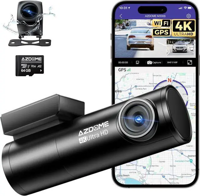 Main image of M300S 4K Ultra HD Dual Dash Cam Front and Rear, Free 64GB Card, Built-in WiFi GPS Voice Control Car Camera, Night Vision, ADAS, 24 Hours Parking Monitor, Loop Recording (Matte Black)