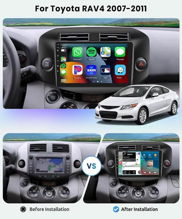 Alt view image 2 of 7 - 8 CORE 2G+64G Car Radio for Toyota RAV4 2007-2011 with Wireless CarPlay/Android Auto, Podofo 10.1 Inch 1280 * 720P IPS Touch Screen Stereo Android 13 GPS WiFi Bluetooth DSP SWC + HD Backup Camera