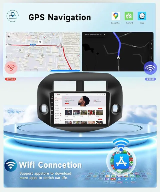Alt view image 4 of 7 - 8 CORE 2G+64G Car Radio for Toyota RAV4 2007-2011 with Wireless CarPlay/Android Auto, Podofo 10.1 Inch 1280 * 720P IPS Touch Screen Stereo Android 13 GPS WiFi Bluetooth DSP SWC + HD Backup Camera