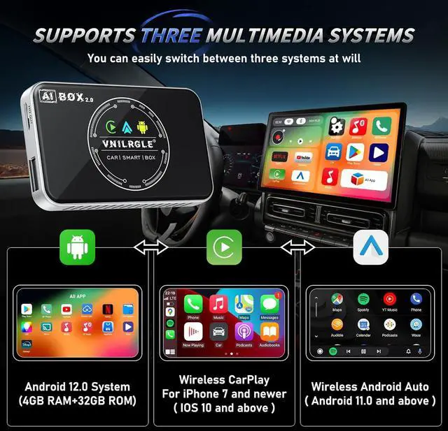 Alt view image 2 of 7 - 4-in-1 Wireless CarPlay Adapter & Android Auto Wireless Adapter, Stream Netflix, YouTube, and More, Split-Screen & Mirroring, for Cars with OEM Wired CarPlay/Android Auto