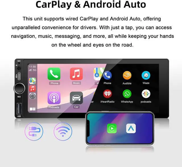Alt view image 3 of 7 - Type-C&USB Single-Din-Car-Radio with Wireless- -Carplay & Android-Auto,Carplay Screen for Car,6.86 Inch Touchscreen,Bluetooth Handsfree, Backup Camera, FM Radio