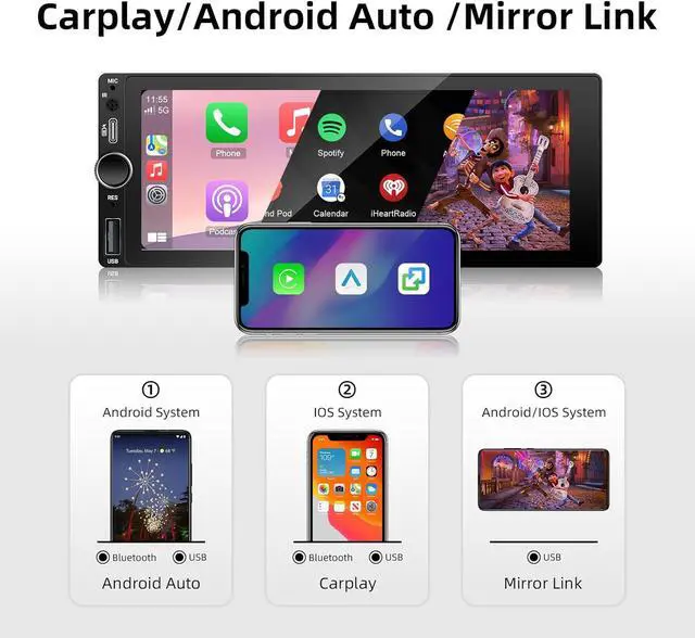 Alt view image 5 of 7 - Type-C&USB Single-Din-Car-Radio with Wireless- -Carplay & Android-Auto,Carplay Screen for Car,6.86 Inch Touchscreen,Bluetooth Handsfree, Backup Camera, FM Radio