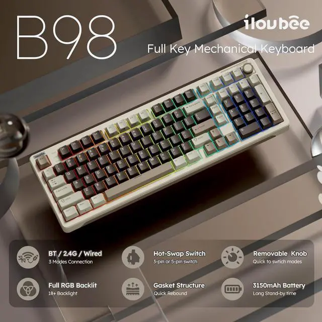 Alt view image 2 of 7 - iLovBee B98 Creamy Keyboard with Number Pad, RGB Wireless Gaming Keyboard w/Knob, Bluetooth/2.4Ghz/USB Wired Full Size Mechanical Keyboards for Win/Mac, Gasket Hot Swappable Linear Switches