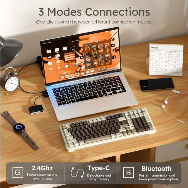 Alt view image 3 of 7 - iLovBee B98 Creamy Keyboard with Number Pad, RGB Wireless Gaming Keyboard w/Knob, Bluetooth/2.4Ghz/USB Wired Full Size Mechanical Keyboards for Win/Mac, Gasket Hot Swappable Linear Switches