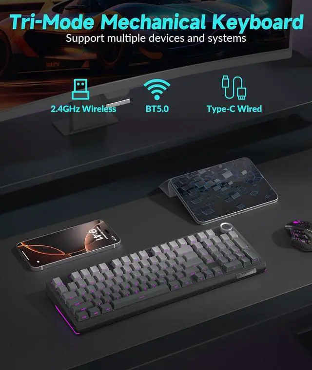 Alt view image 3 of 7 - SOLAKAKA KI99 Pro 96% Wireless Mechanical Keyboard, RGB Gaming Keyboard, Hot-Swappable Pre-Lubed Switches, Gasket Structure Creamy Keyboards (Gradient-Black, Non-Silent Version)