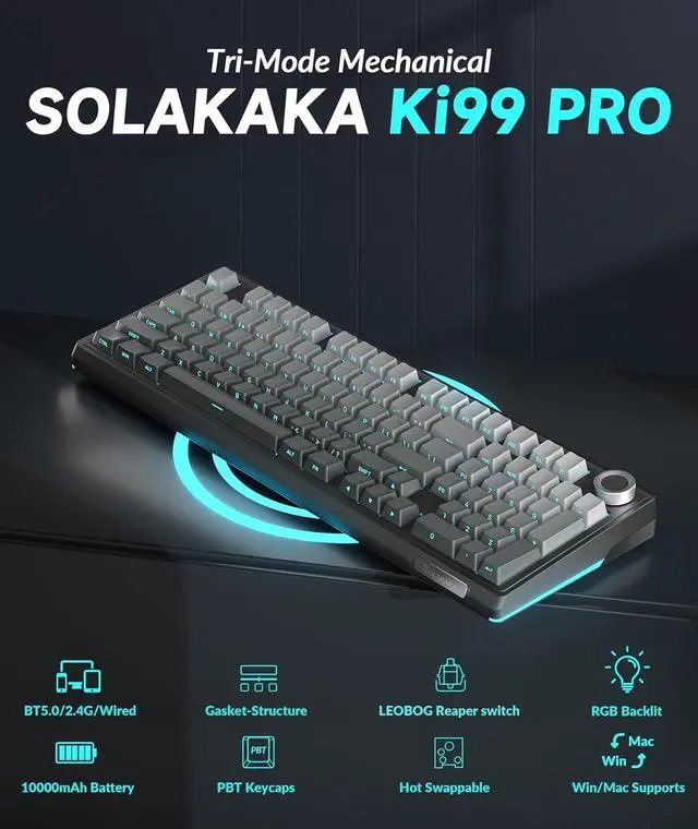 Alt view image 2 of 7 - SOLAKAKA KI99 Pro 96% Wireless Mechanical Keyboard, RGB Gaming Keyboard, Hot-Swappable Pre-Lubed Switches, Gasket Structure Creamy Keyboards (Gradient-Black, Non-Silent Version)