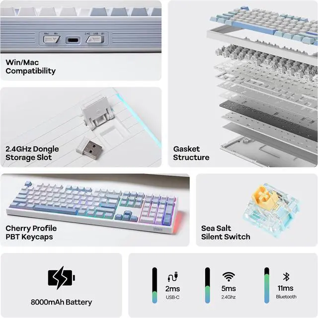 Alt view image 2 of 7 - EPOMAKER TH108 Full Size Mechanical Keyboard, Wireless Gaming Keyboard with 8000mAh Battery, Creamy Gasket, 108 Keys, Hot Swap, Custom Driver, RGB Backlight (Blue&White, Sea Salt Silent)