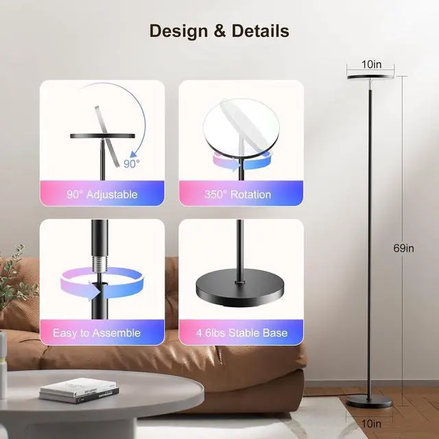 Alt view image 7 of 7 - FULSUNT RGB Torchiere Floor Lamps for Living Room, 32W/3200LM Bright LED Standing Lamp with Remote, Modern Color Changing Tall Lamp with Stepless Dimming, 69" Corner Floor Lamp for Bedroom, Office