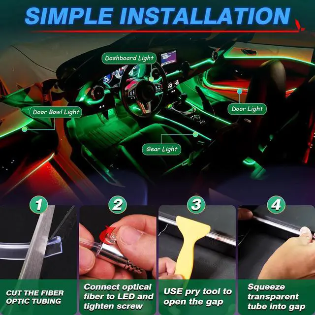 Alt view image 6 of 7 - Car LED Interior Strip Light, 8 in 1 RGB Multicolor with 400 inches Fiber Optic Ambient Lighting Kits with Remote and APP Control, Car USB LED Strip Lights with Music Sync Mode